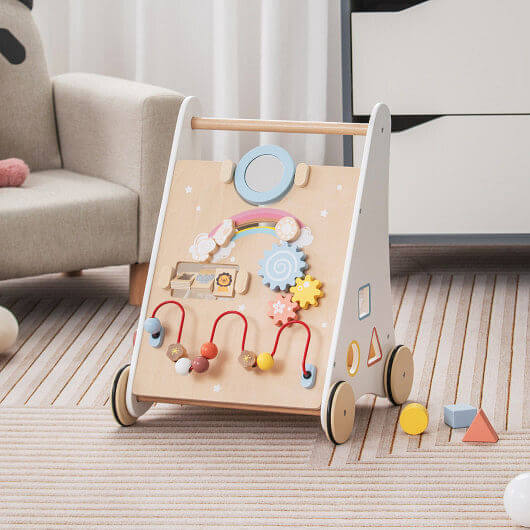 Wooden Baby Walker with Multiple Activities Center for Over 1 Year Old-White