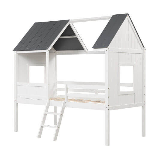 Twin Size Kids House Bed Low Loft Bed Frame with Roof-White