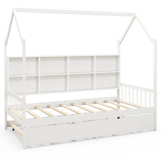 Twin Size Kids Montessori Daybed with Roof and Shelf Compartments-White