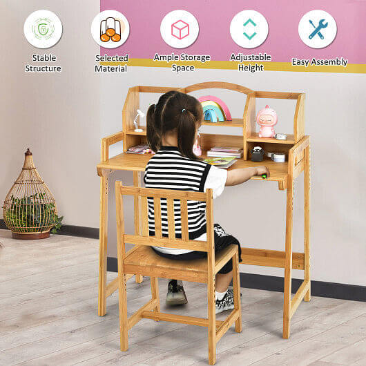 Bamboo Kids Study Desk and Chair Set with Bookshelf