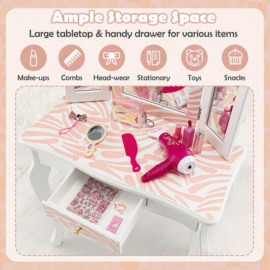 2-in-1 Kids Vanity Table Set with Tri-folding Mirror-Pink