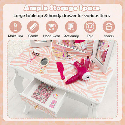 2-in-1 Kids Vanity Table Set with Tri-folding Mirror-Pink