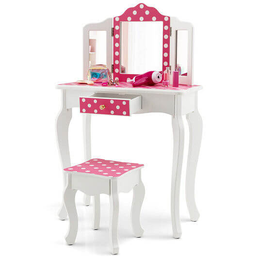 Kids Vanity Table and Stool Set with Cute Polka Dot Print-Pink