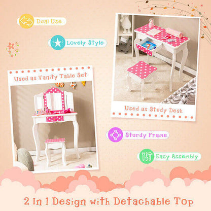 Kids Vanity Table and Stool Set with Cute Polka Dot Print-Pink