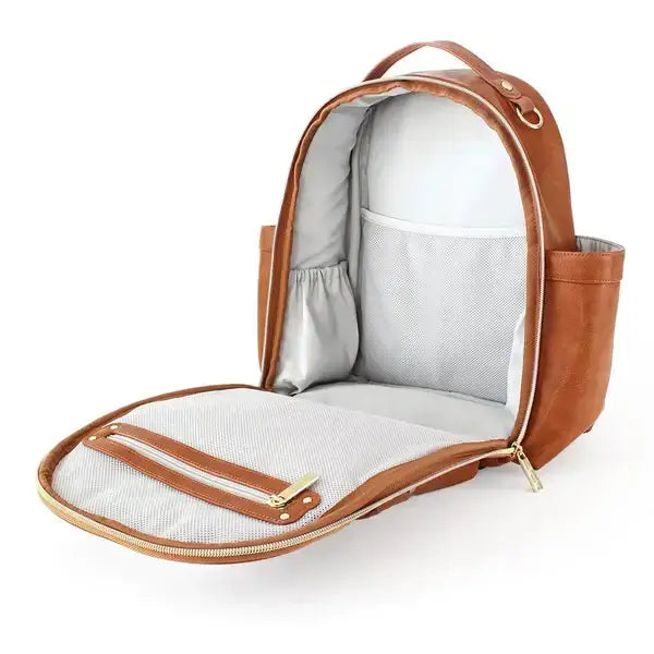 Itzy Ritzy Chic Mini Diaper Bag Backpack with Vegan Leather Changing Pad Cognac