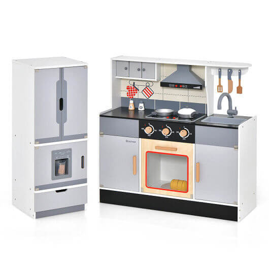 Wooden Chef Play Kitchen and Refrigerator with Realistic Range Hood and Roaster