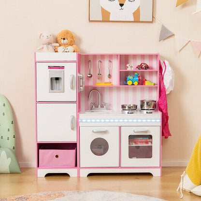 Kids Kitchen Playset Wooden Toy with Adjustable LED Lights and Washing Machine-Pink