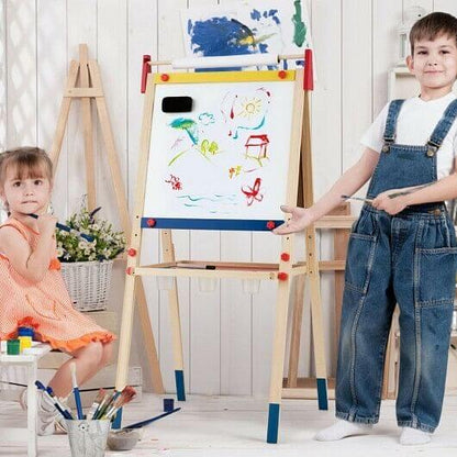 All-in-One Wooden Height Adjustable Kid's Art Easel with Magnetic Stickers and Paper