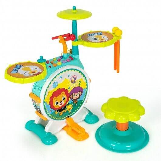 3 Pieces Electric Kids Drum Set with Microphone Stool Pedal